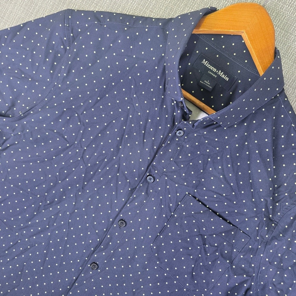 Mizzen Main Leeward Shirt Mens L Navy Blue Polka Dot Short Sleeve Casual Stretch